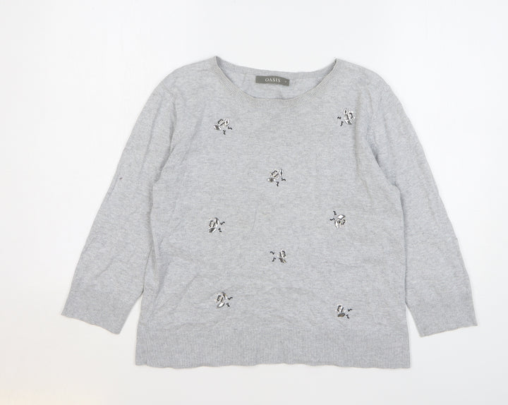 Oasis Womens Grey Round Neck Cotton Pullover Jumper Size M