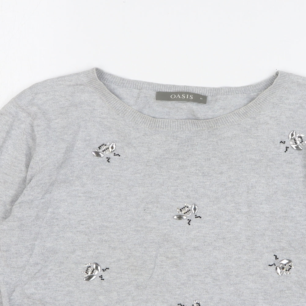 Oasis Womens Grey Round Neck Cotton Pullover Jumper Size M