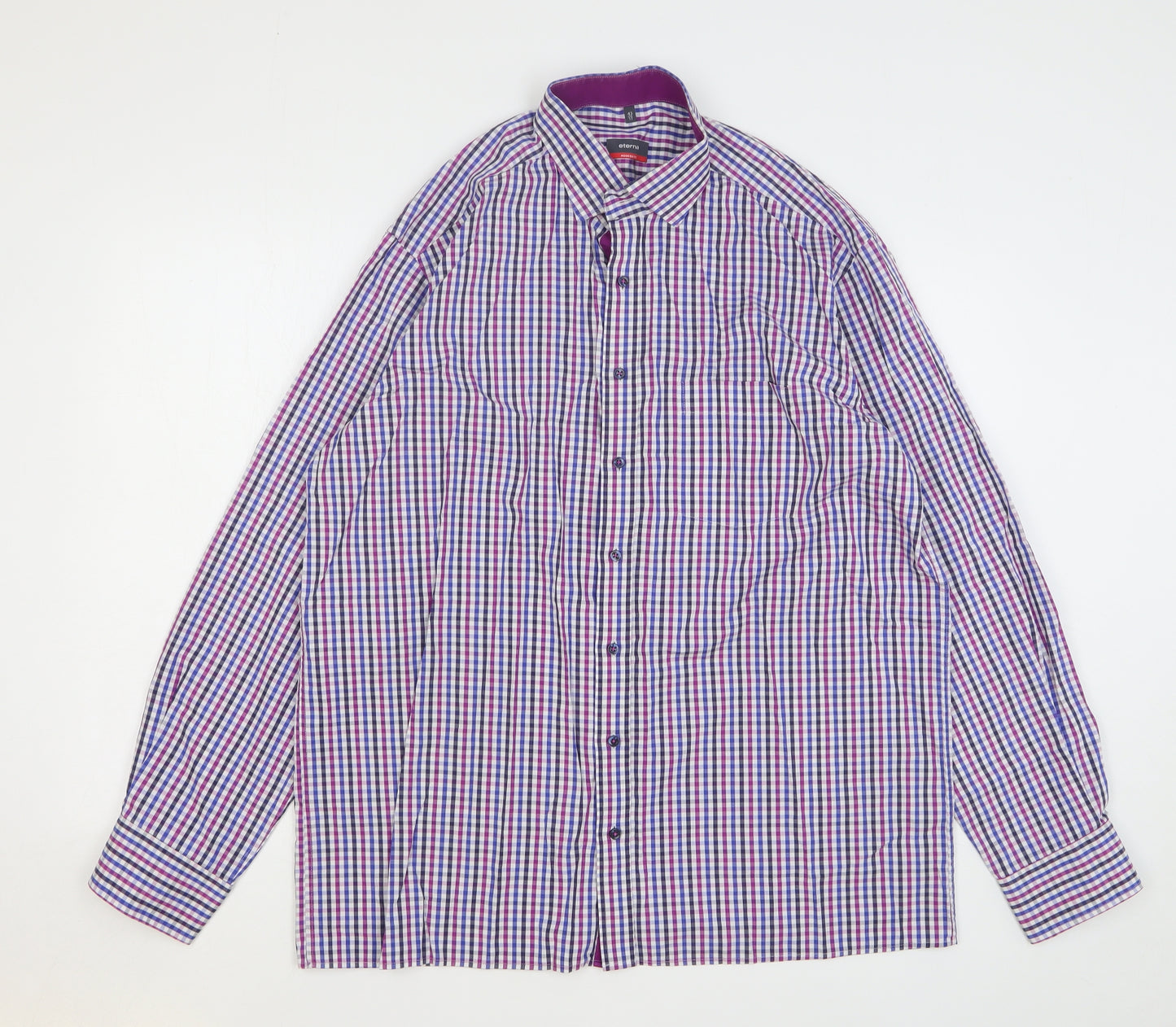 Eterna Mens Multicoloured Gingham Cotton Dress Shirt Size 17 Collared Button