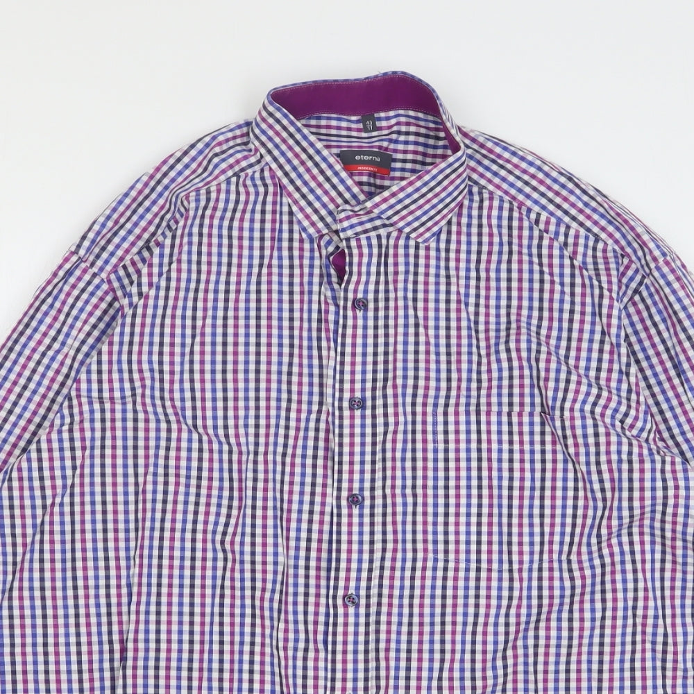 Eterna Mens Multicoloured Gingham Cotton Dress Shirt Size 17 Collared Button