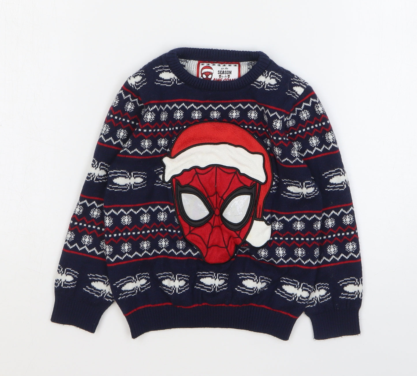 Spiderman Boys Blue Round Neck Fair Isle Acrylic Pullover Jumper Size 4-5 Years Pullover - Christmas