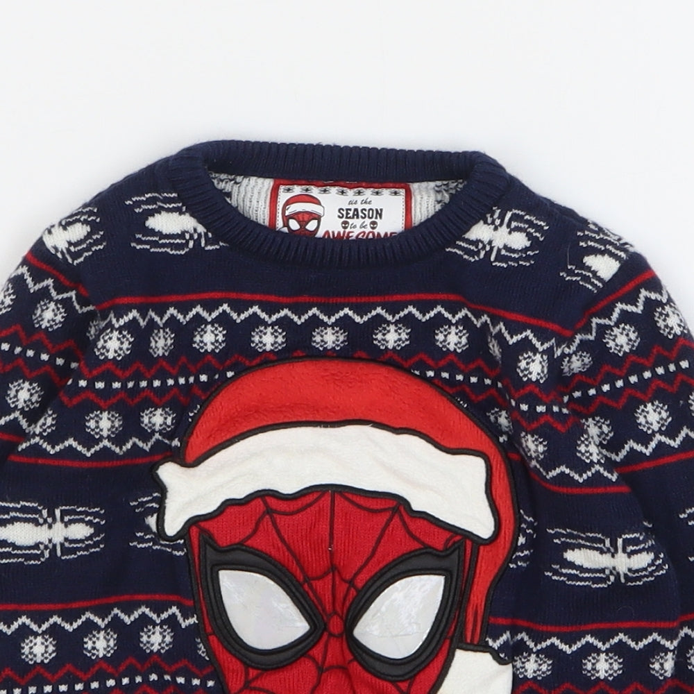 Spiderman Boys Blue Round Neck Fair Isle Acrylic Pullover Jumper Size 4-5 Years Pullover - Christmas