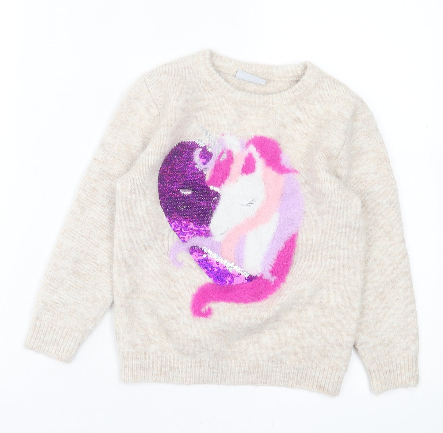 Matalan Girls Beige Crew Neck Acrylic Pullover Jumper Size 7 Years Pullover - Unicorn