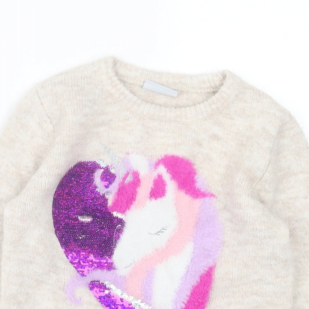Matalan Girls Beige Crew Neck Acrylic Pullover Jumper Size 7 Years Pullover - Unicorn