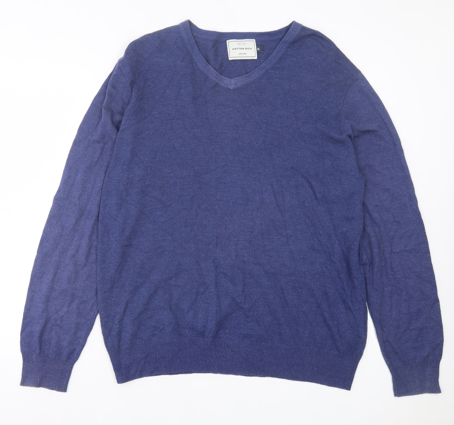 John Lewis Mens Blue V-Neck Cotton Pullover Jumper Size XL