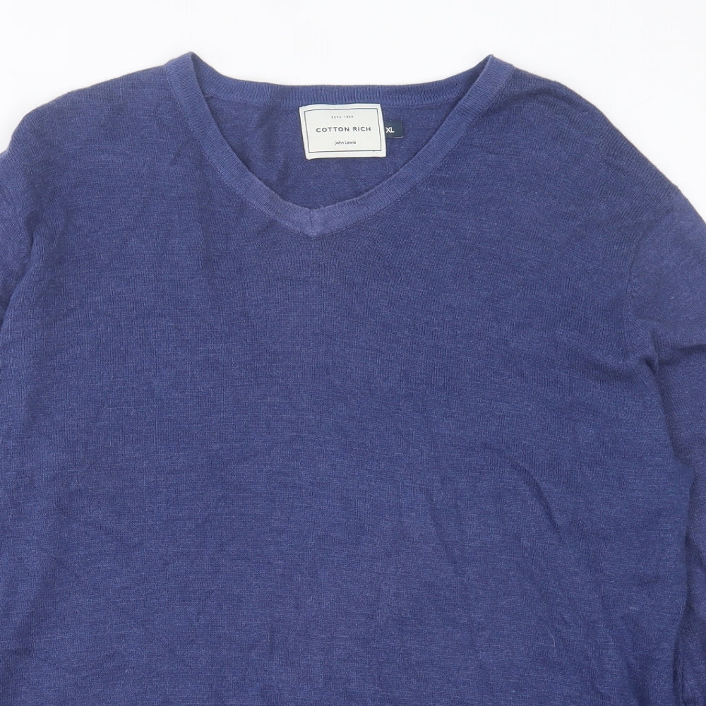 John Lewis Mens Blue V-Neck Cotton Pullover Jumper Size XL