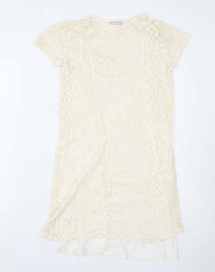 Stradivarius Womens Ivory Geometric Acrylic A-Line Size L Boat Neck Pullover