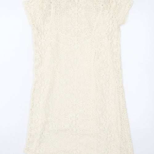 Stradivarius Womens Ivory Geometric Acrylic A-Line Size L Boat Neck Pullover