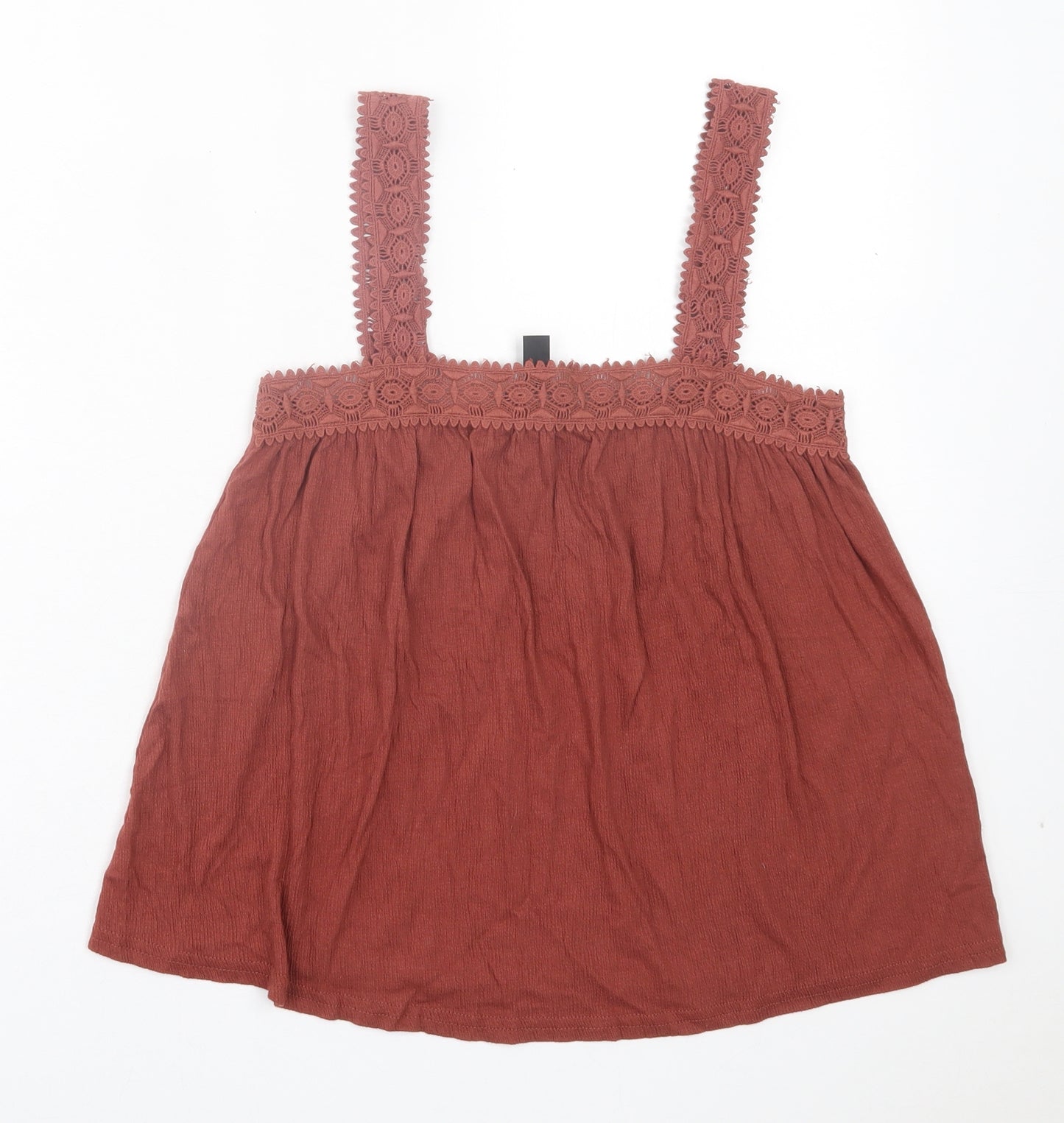 New Look Womens Brown Cotton Basic Tank Size 6 Square Neck - Lace Detail