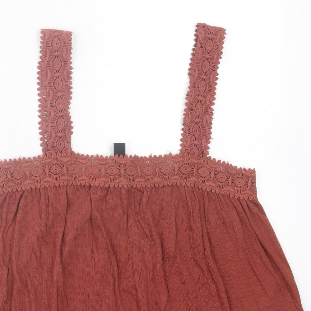 New Look Womens Brown Cotton Basic Tank Size 6 Square Neck - Lace Detail