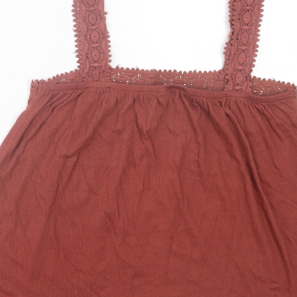 New Look Womens Brown Cotton Basic Tank Size 6 Square Neck - Lace Detail