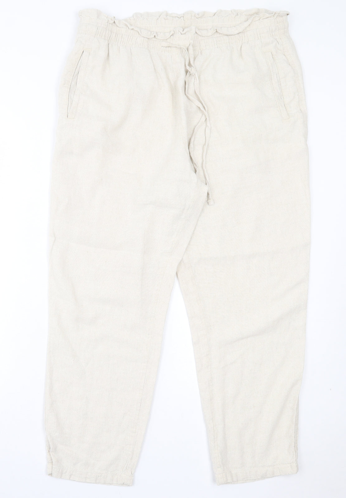 F&F Womens Beige Linen Trousers Size 16 L27 in Regular Drawstring