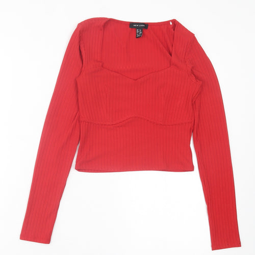 New Look Womens Red Polyester Cropped T-Shirt Size 8 Square Neck - Ribbed Fabric