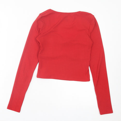New Look Womens Red Polyester Cropped T-Shirt Size 8 Square Neck - Ribbed Fabric