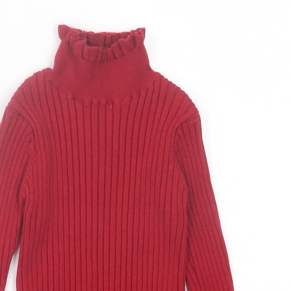 Dunnes Stores Girls Red Polyester Basic Casual Size 6 Years High Neck Pullover - Lettuce Edging