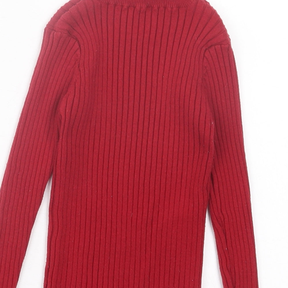 Dunnes Stores Girls Red Polyester Basic Casual Size 6 Years High Neck Pullover - Lettuce Edging