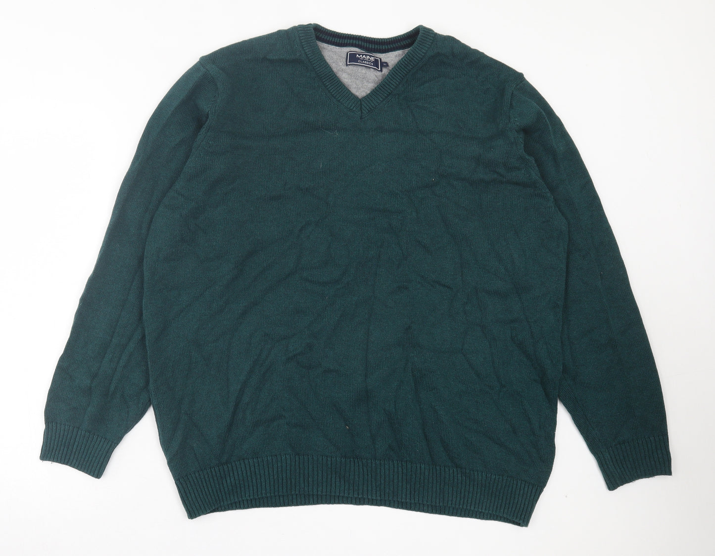 Maine Mens Green V-Neck Cotton Pullover Jumper Size XL