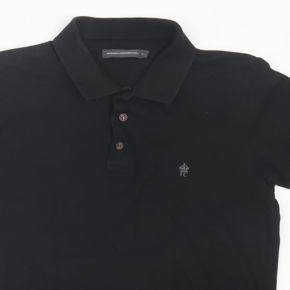 French Connection Mens Black Cotton Polo Size M Collared Button