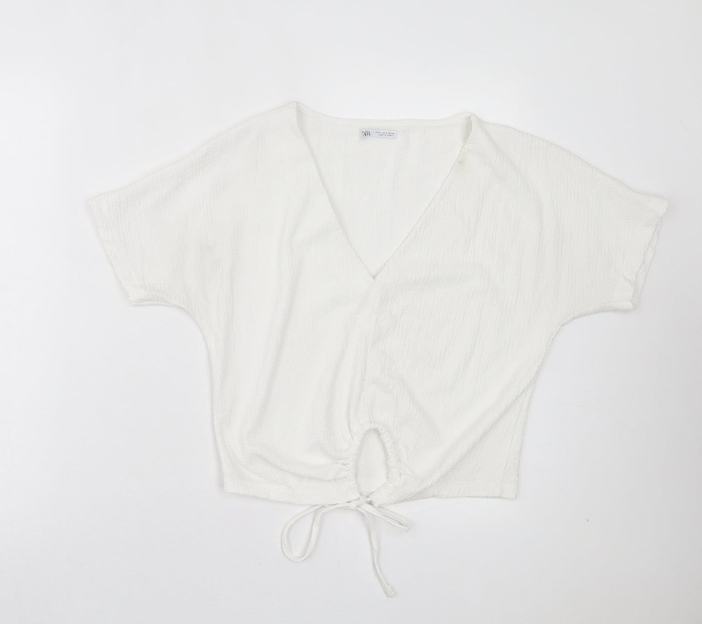 Zara Womens White Polyester Basic T-Shirt Size S V-Neck - Tie Front
