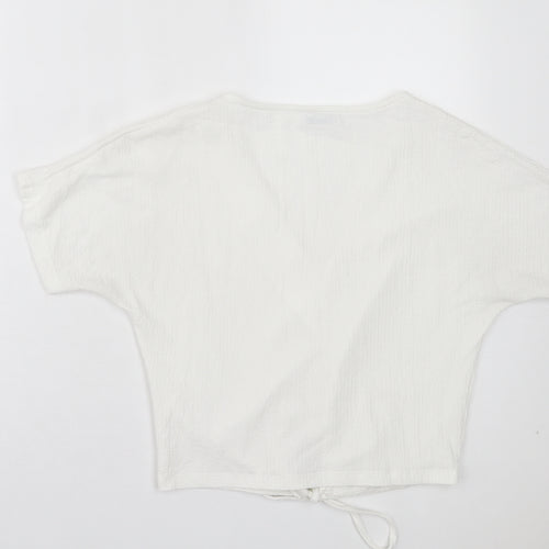 Zara Womens White Polyester Basic T-Shirt Size S V-Neck - Tie Front