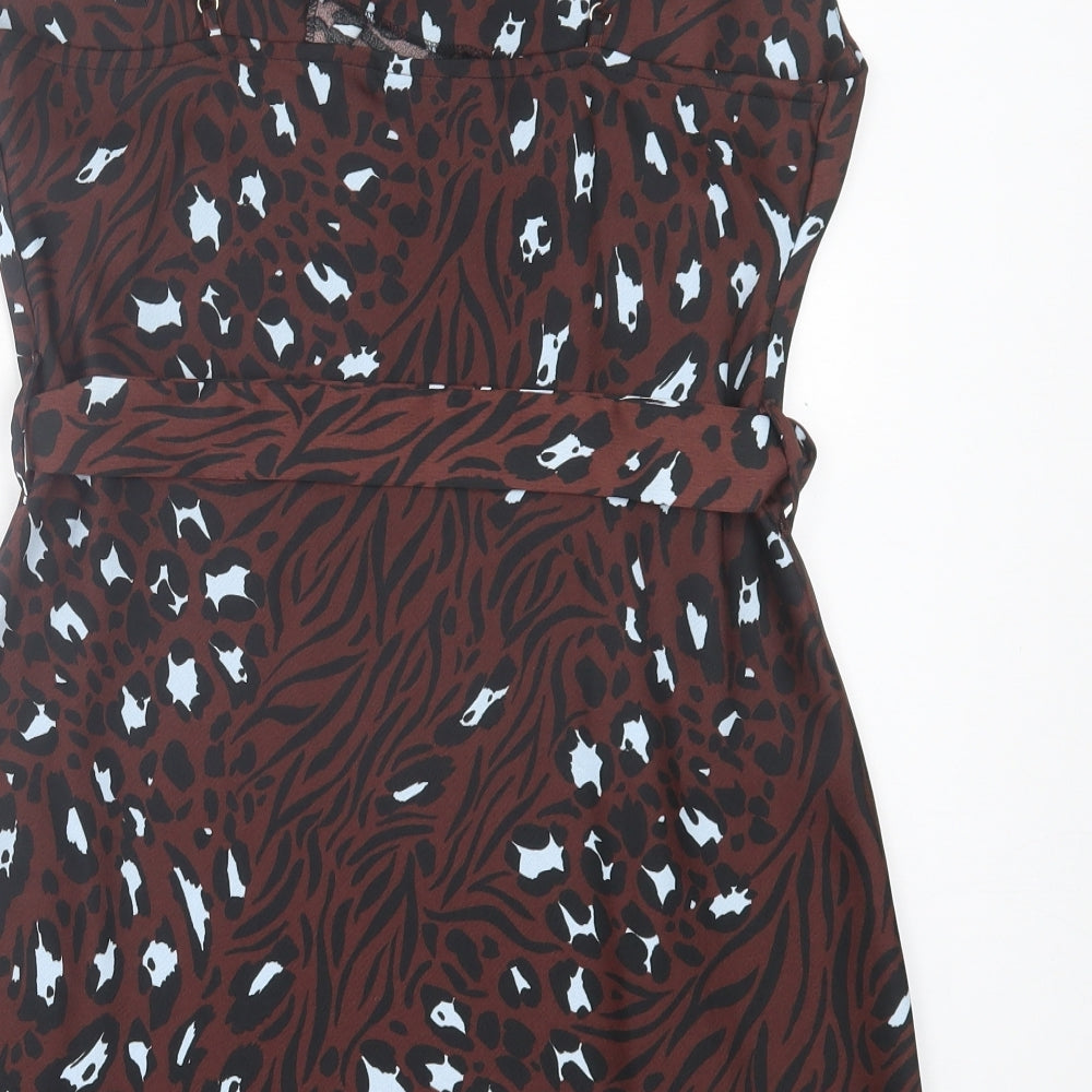 River Island Womens Brown Animal Print Polyester Mini Size 12 Cowl Neck Pullover