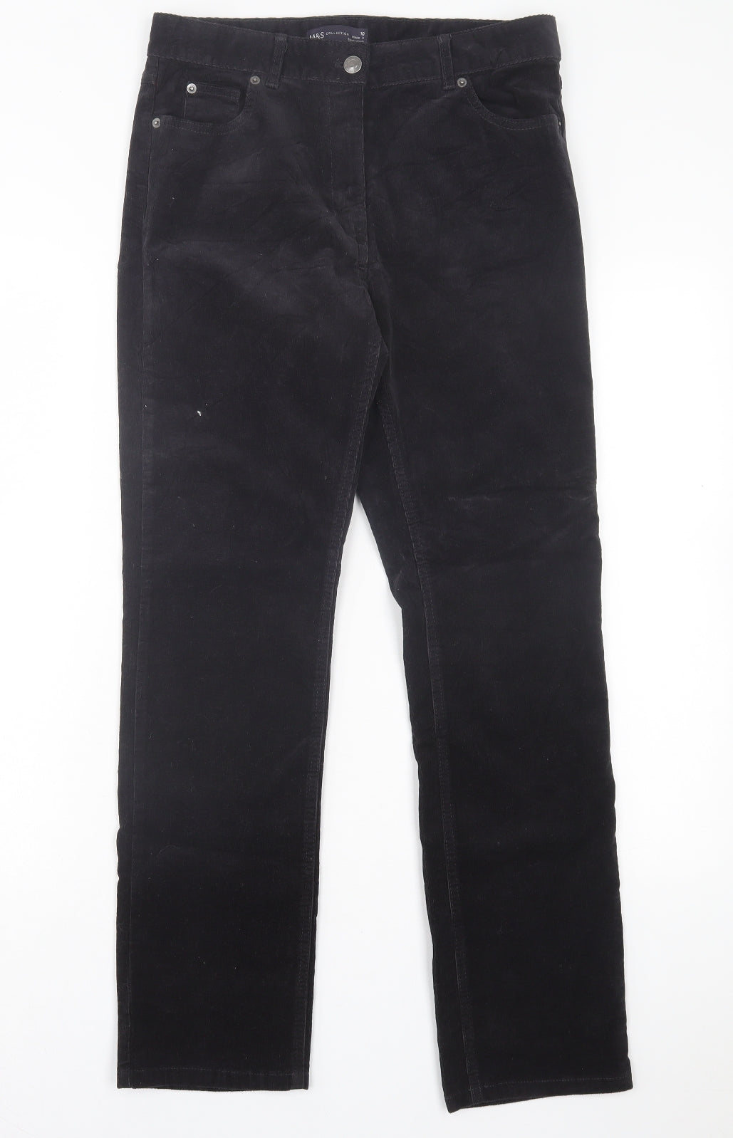 Marks and Spencer Womens Black Cotton Trousers Size 10 L28 in Regular Button
