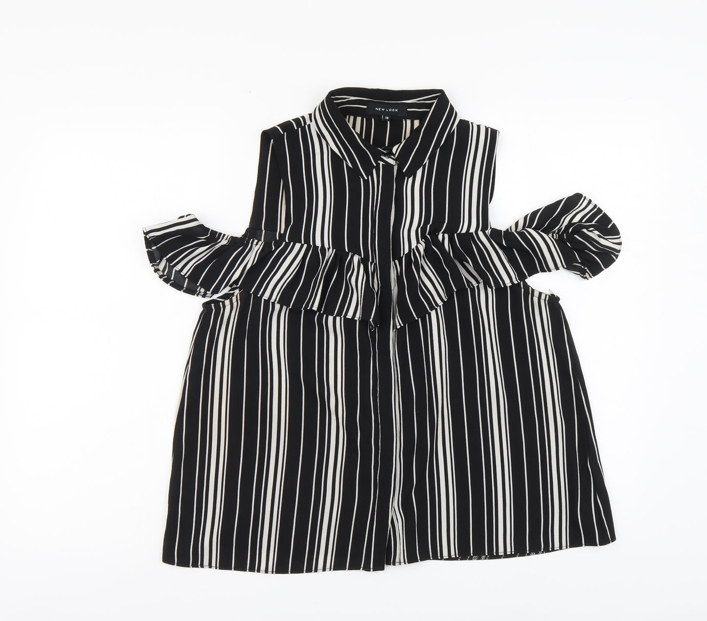 New Look Womens Black Striped Polyester Basic Button-Up Size 14 Collared