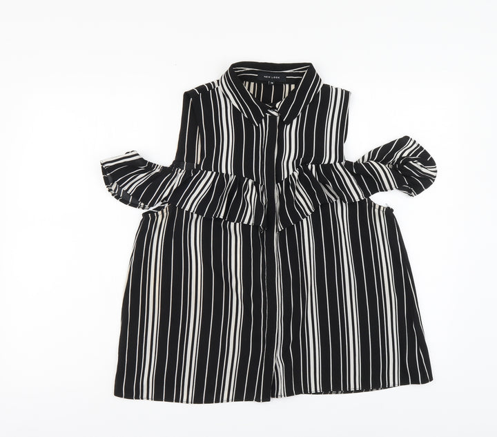 New Look Womens Black Striped Polyester Basic Button-Up Size 14 Collared