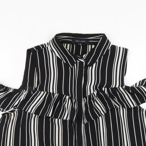 New Look Womens Black Striped Polyester Basic Button-Up Size 14 Collared