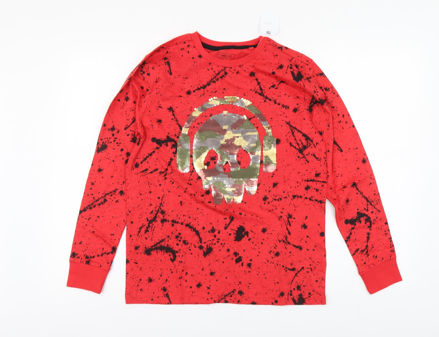 NEXT Boys Red Geometric Cotton Basic T-Shirt Size 12 Years Round Neck Pullover - Skull