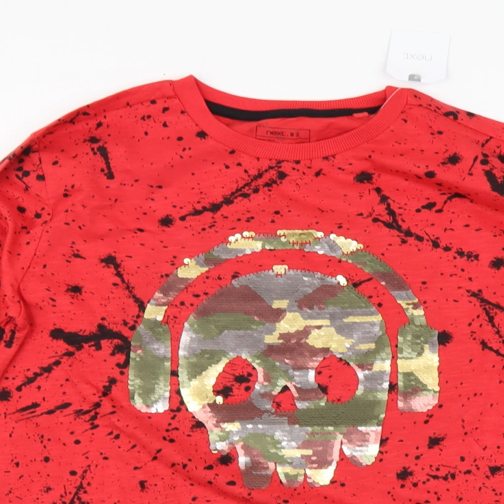 NEXT Boys Red Geometric Cotton Basic T-Shirt Size 12 Years Round Neck Pullover - Skull