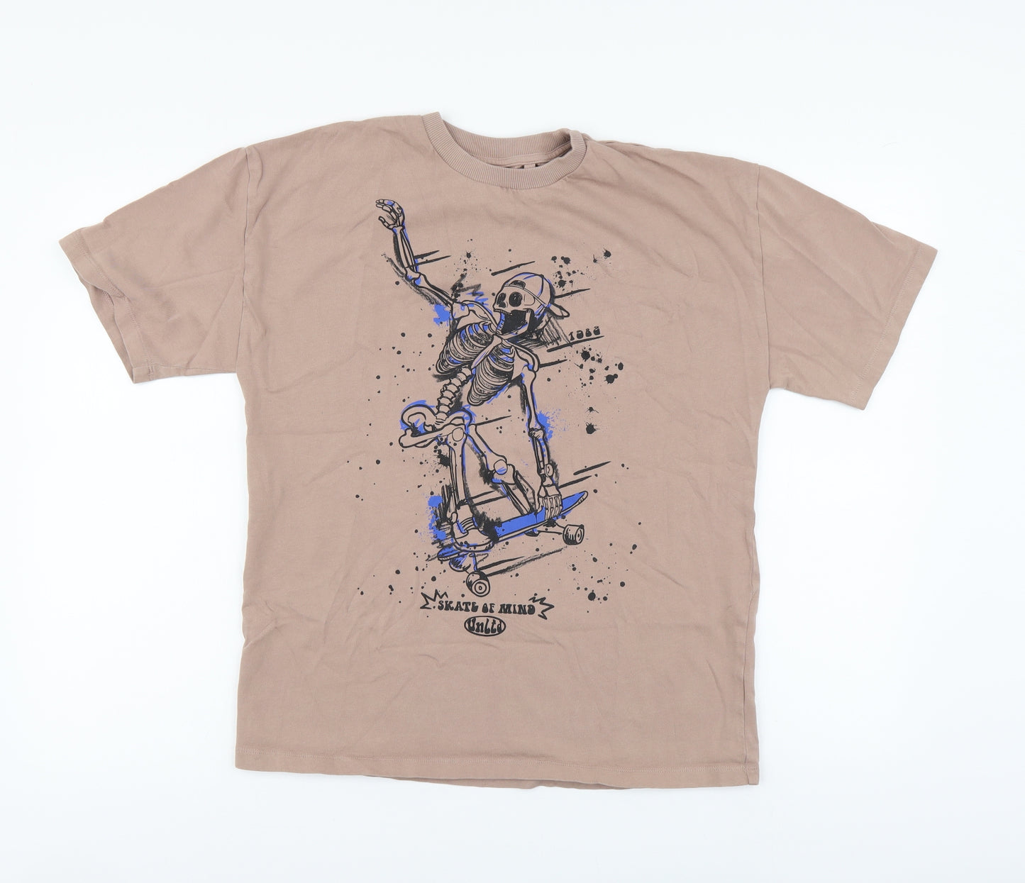 NEXT Boys Beige Cotton Basic T-Shirt Size 13 Years Round Neck Pullover - Skateboard Skeleton