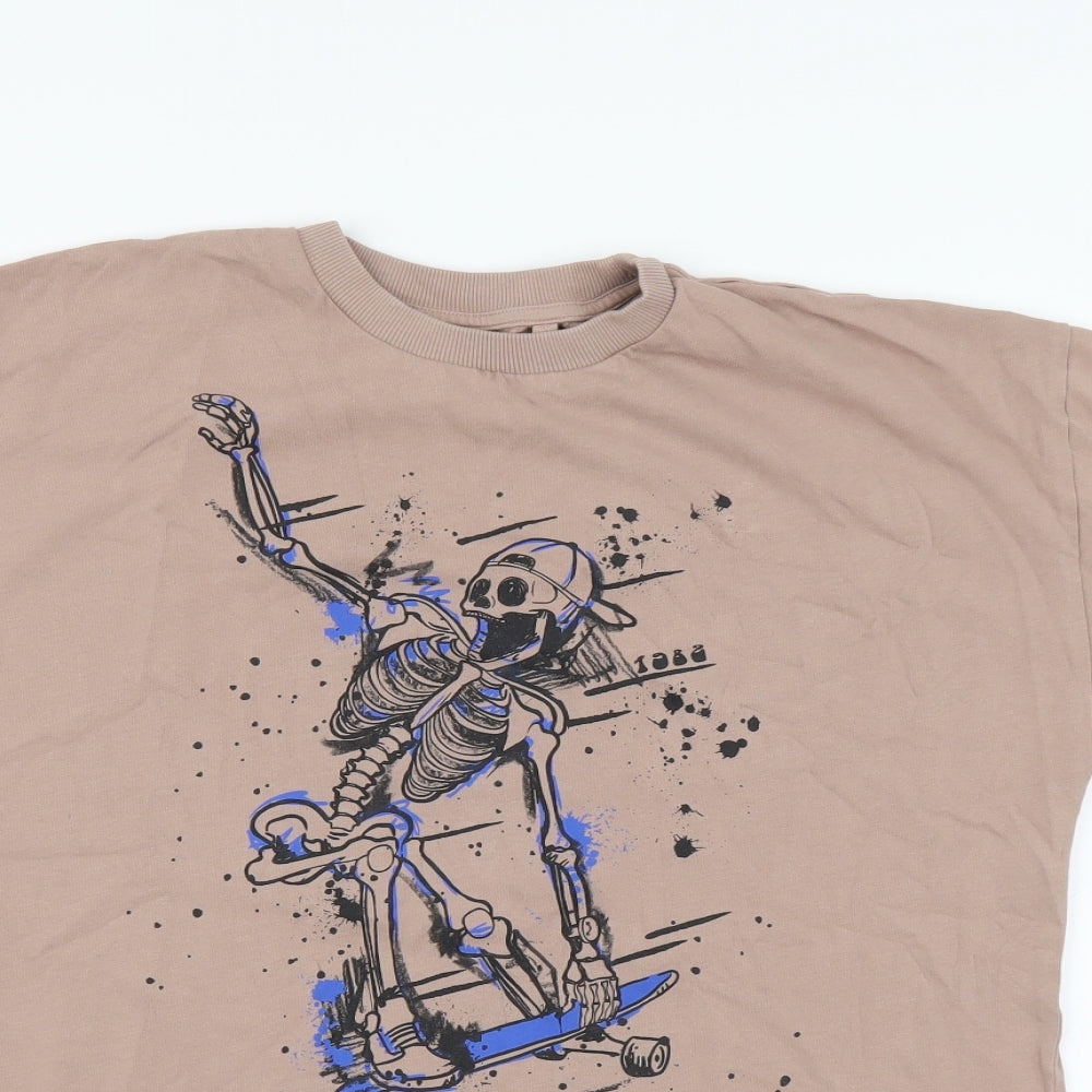 NEXT Boys Beige Cotton Basic T-Shirt Size 13 Years Round Neck Pullover - Skateboard Skeleton