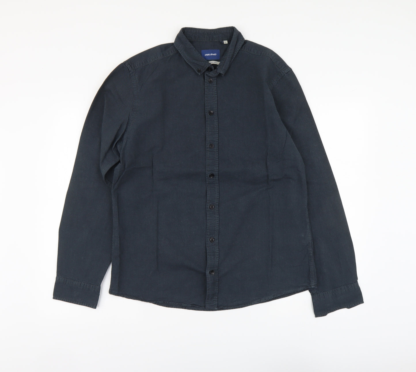 Blend Mens Blue Cotton Button-Up Size L Collared Button