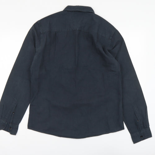Blend Mens Blue Cotton Button-Up Size L Collared Button