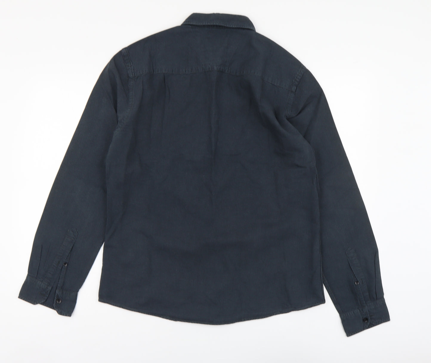 Blend Mens Blue Cotton Button-Up Size L Collared Button