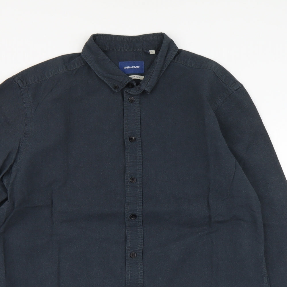 Blend Mens Blue Cotton Button-Up Size L Collared Button