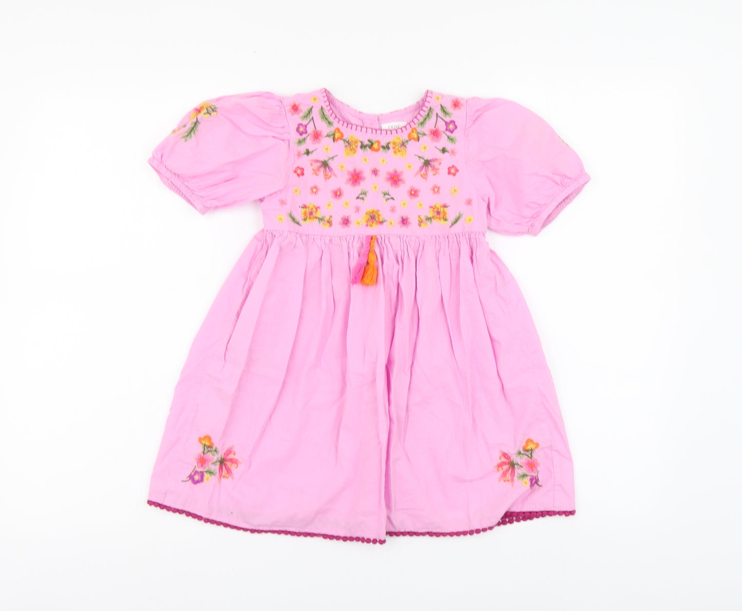 NEXT Girls Pink Floral Cotton Skater Dress Size 4-5 Years Round Neck Button