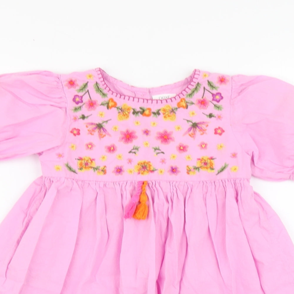NEXT Girls Pink Floral Cotton Skater Dress Size 4-5 Years Round Neck Button