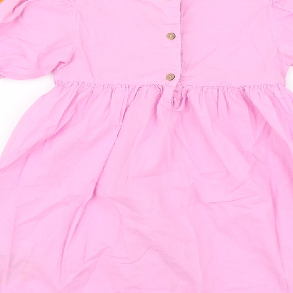 NEXT Girls Pink Floral Cotton Skater Dress Size 4-5 Years Round Neck Button