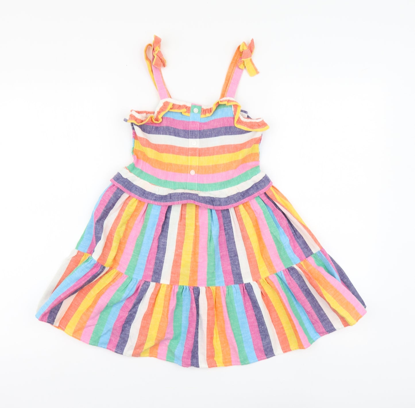 TU Girls Multicoloured Striped Cotton Skater Dress Size 5-6 Years Square Neck Button