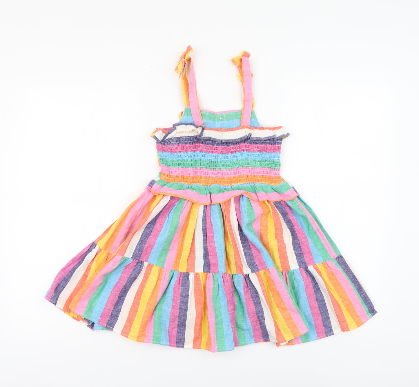 TU Girls Multicoloured Striped Cotton Skater Dress Size 5-6 Years Square Neck Button