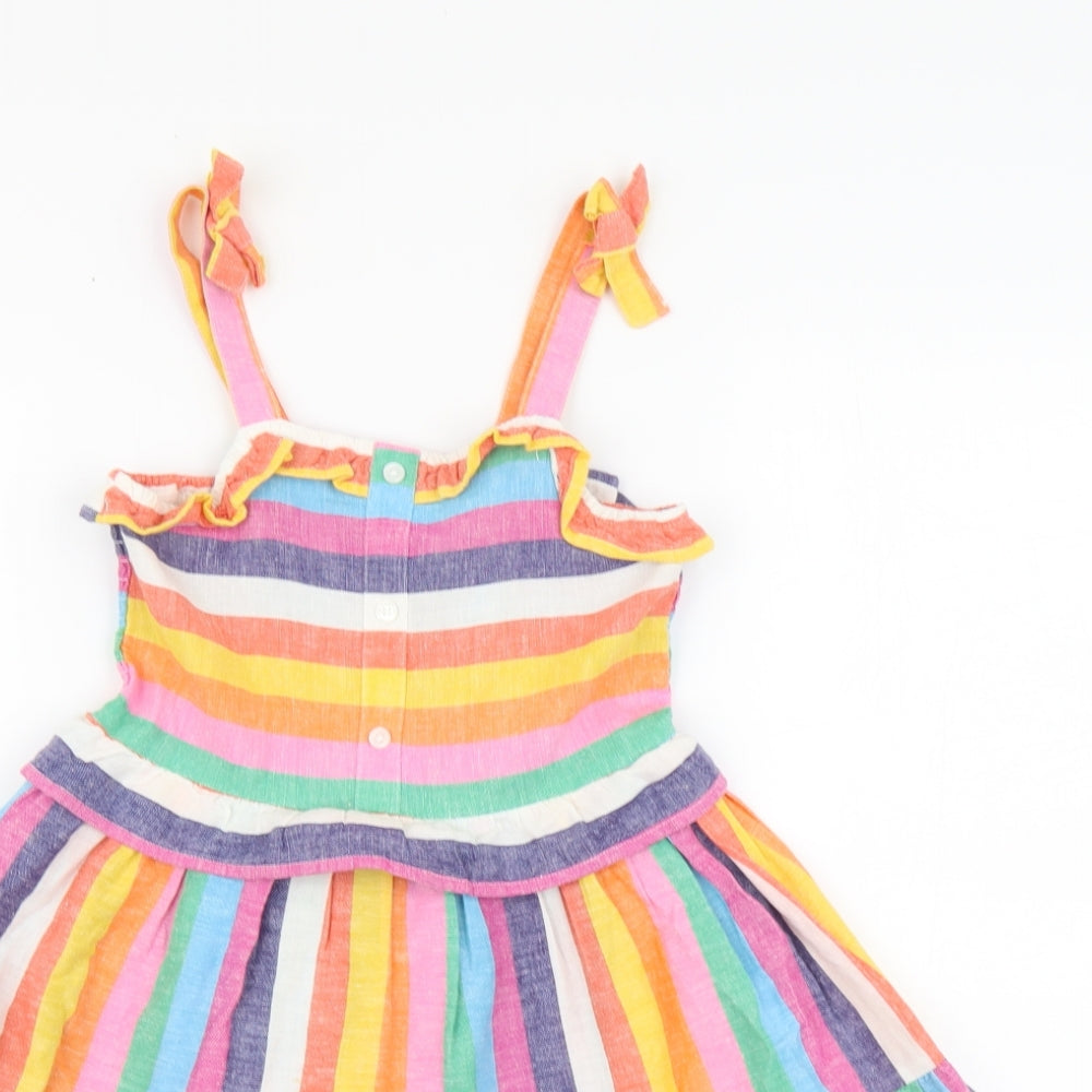 TU Girls Multicoloured Striped Cotton Skater Dress Size 5-6 Years Square Neck Button