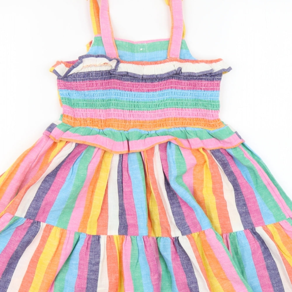 TU Girls Multicoloured Striped Cotton Skater Dress Size 5-6 Years Square Neck Button