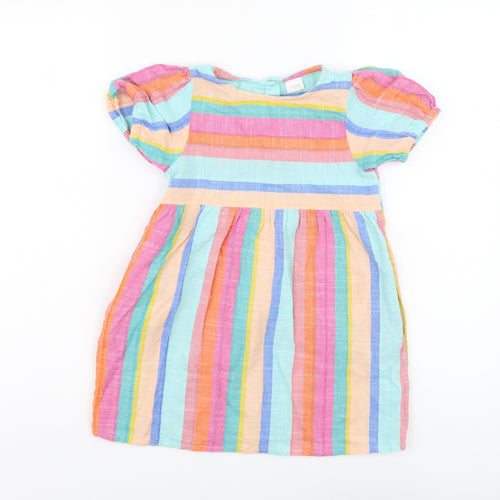 NEXT Girls Multicoloured Striped Cotton Skater Dress Size 4-5 Years Round Neck Button