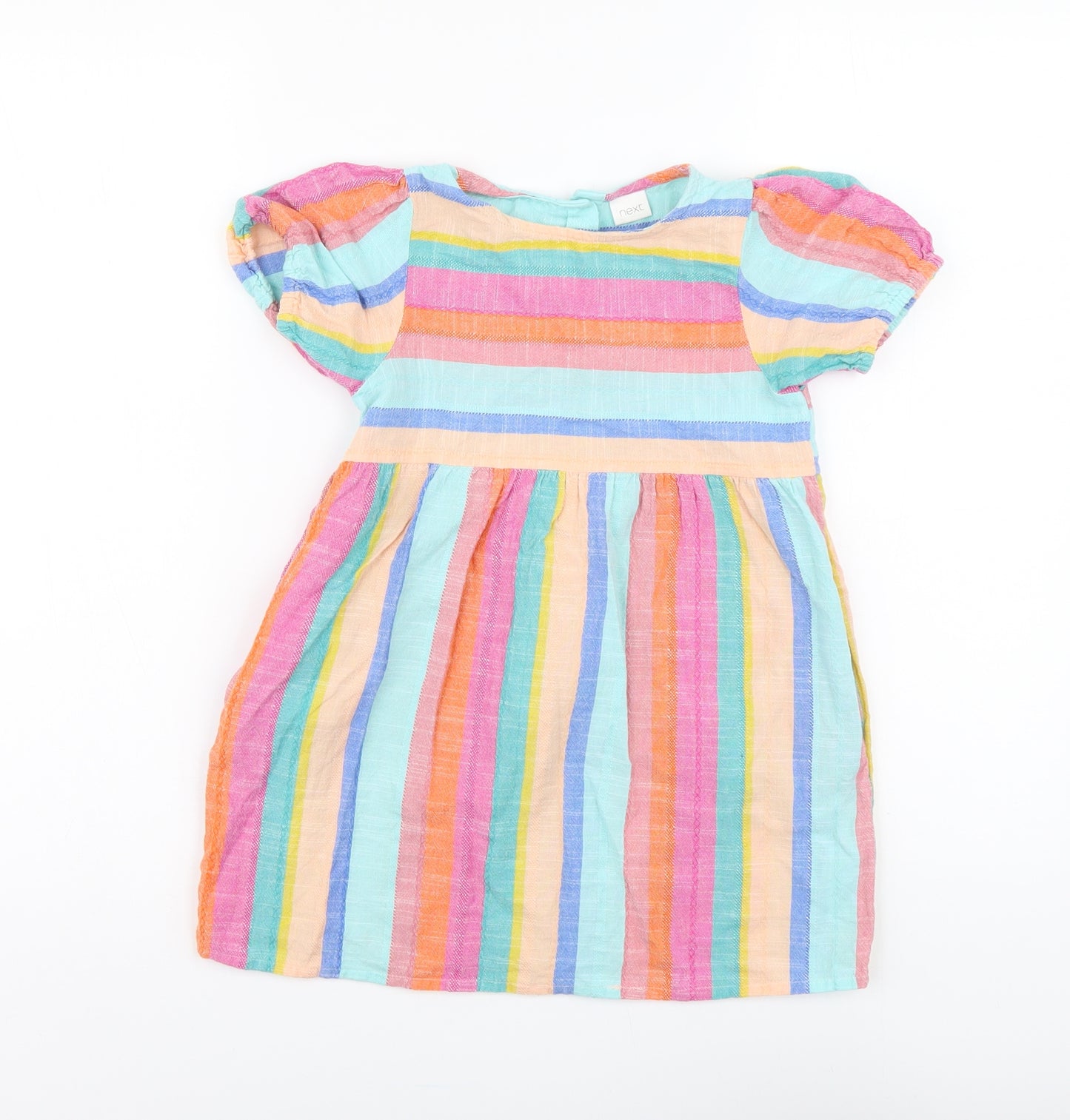 NEXT Girls Multicoloured Striped Cotton Skater Dress Size 4-5 Years Round Neck Button