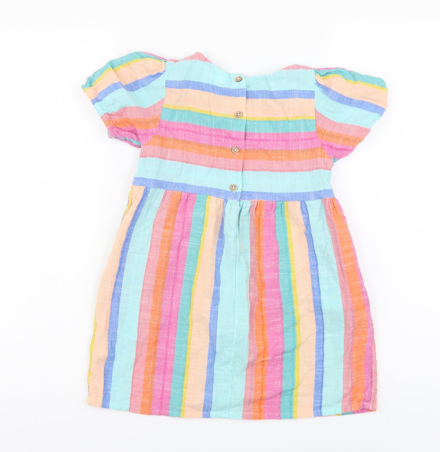 NEXT Girls Multicoloured Striped Cotton Skater Dress Size 4-5 Years Round Neck Button