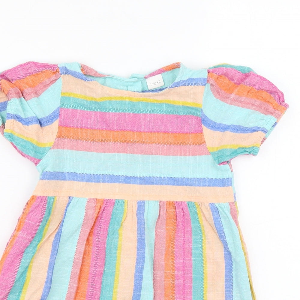 NEXT Girls Multicoloured Striped Cotton Skater Dress Size 4-5 Years Round Neck Button