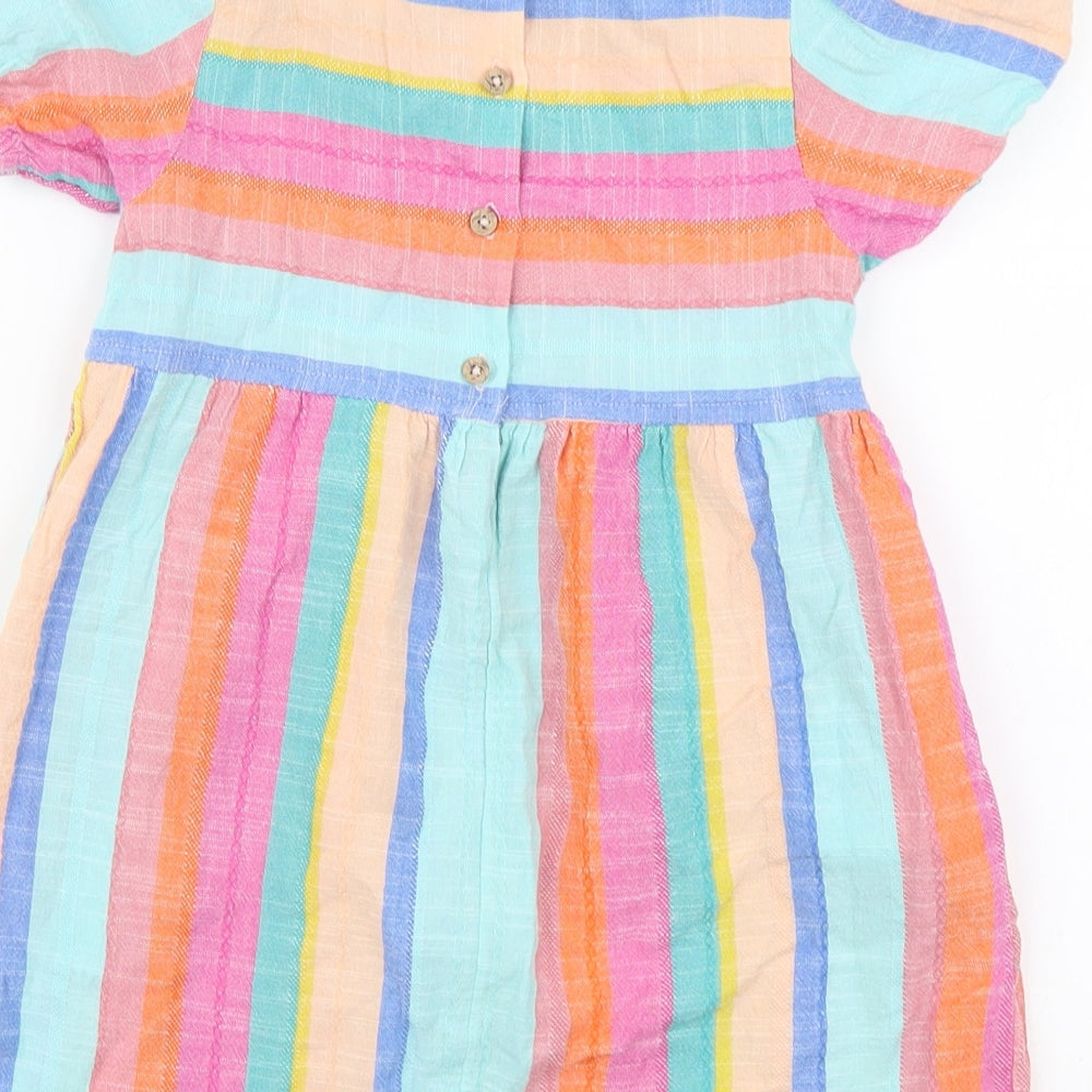 NEXT Girls Multicoloured Striped Cotton Skater Dress Size 4-5 Years Round Neck Button
