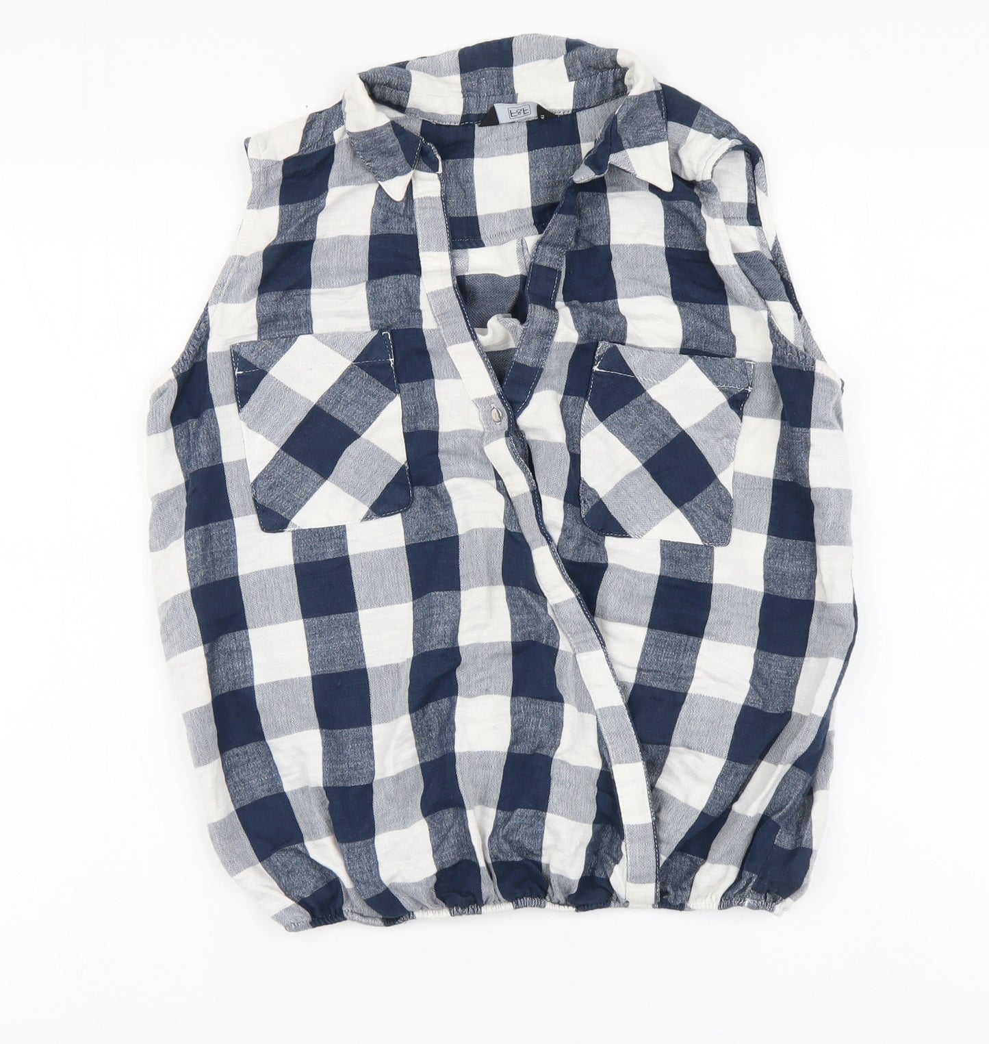 F&F Womens Blue Plaid Cotton Basic Blouse Size 14 V-Neck